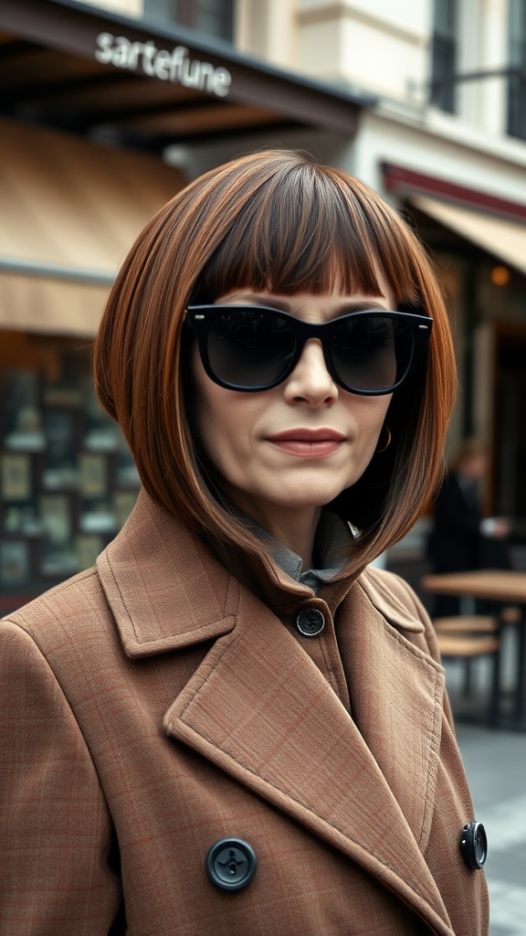 A woman with a straight blunt bob hairstyle and heavy bangs, wearing sunglasses and a brown coat, looking stylish.