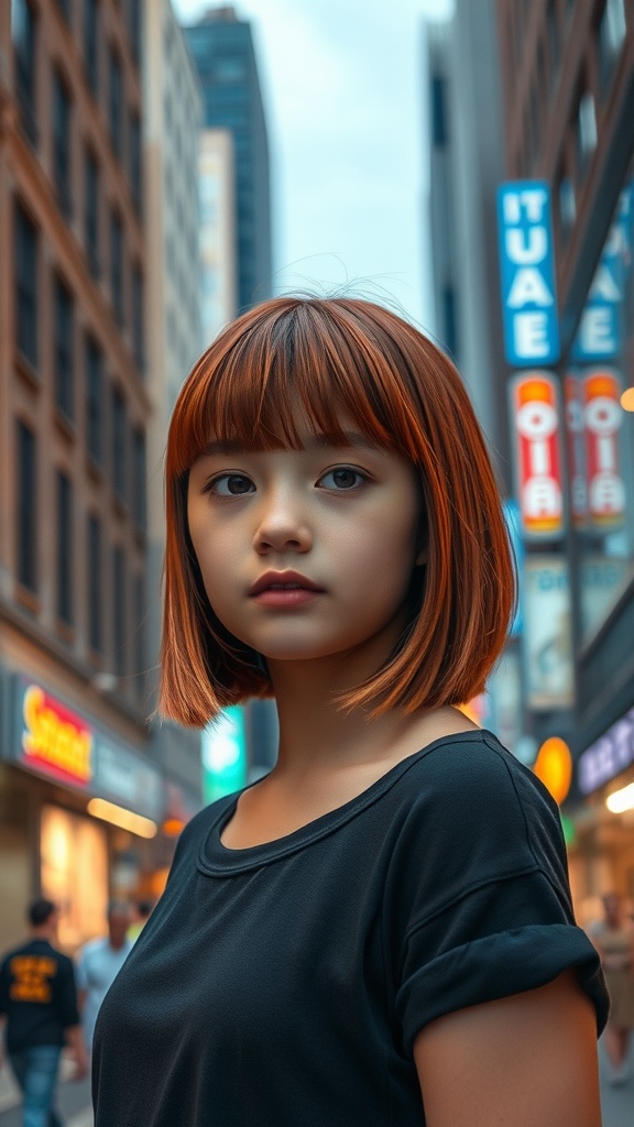 Teen girl with a straight blunt bob and shaggy fringe, standing in a city street.