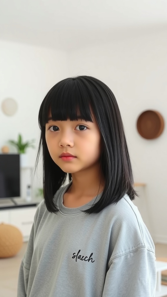 A girl with straight bob hairstyle and feathered bangs, wearing a casual grey shirt.