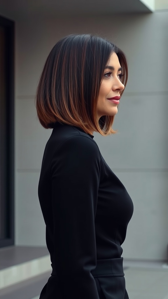 A woman with a straight bob haircut featuring ombre coloring, looking stylish and confident.
