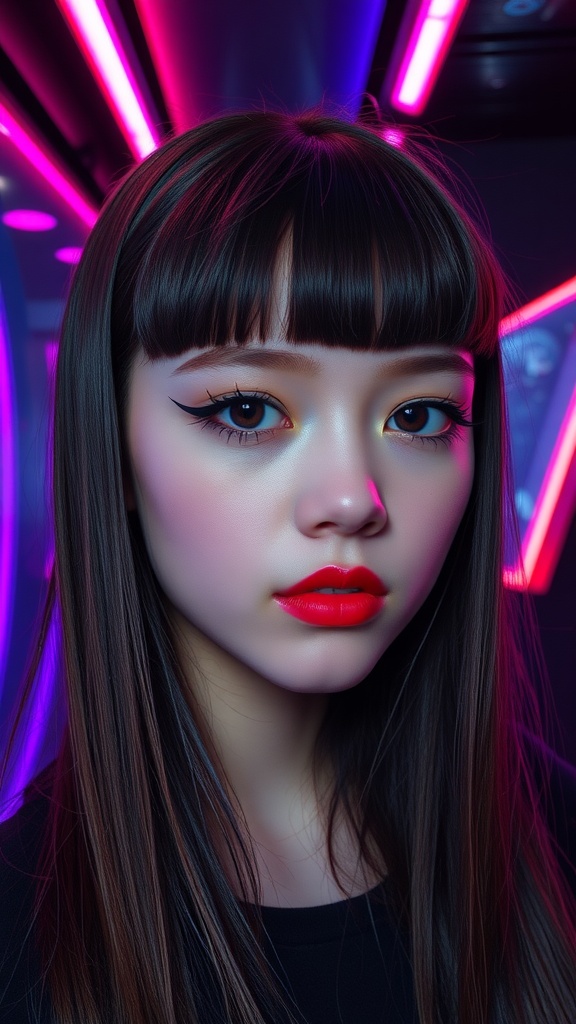 A teen girl with straight hair and a micro fringe, showcasing a bold makeup look.