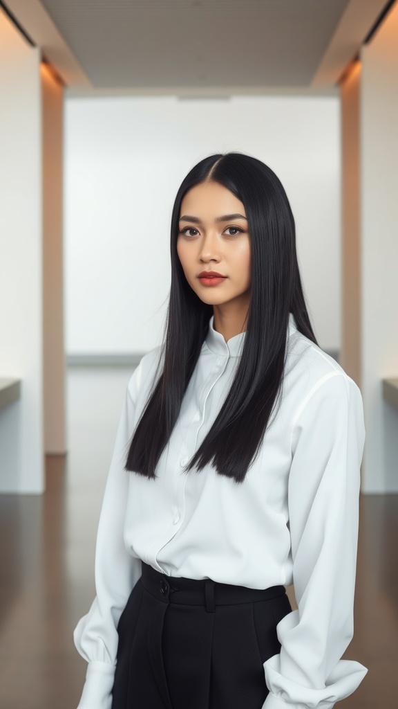 A woman with straight hair parted in the middle, wearing a white blouse and black trousers.