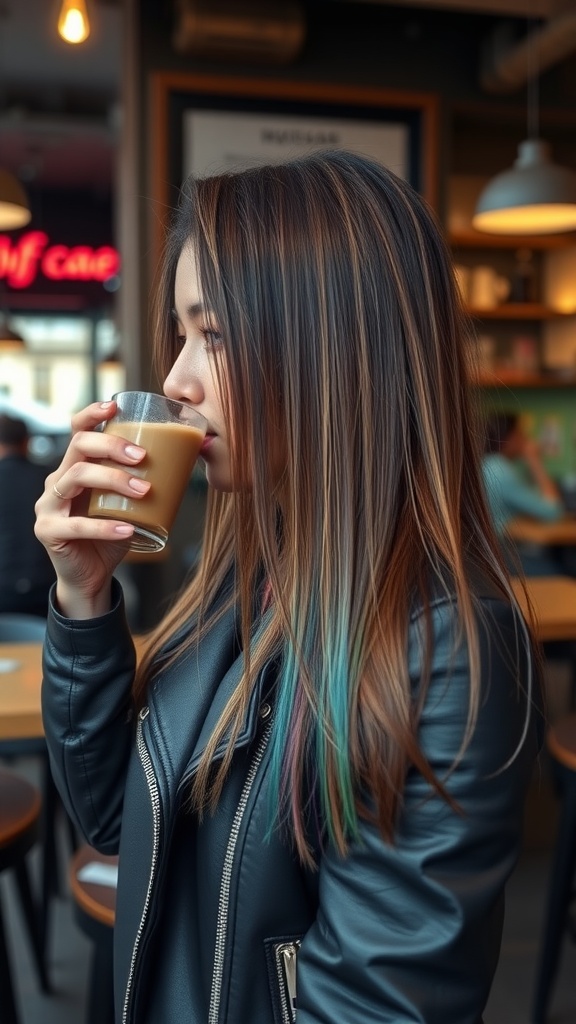 A woman with long straight hair and peek-a-boo highlights, holding a drink in a café.