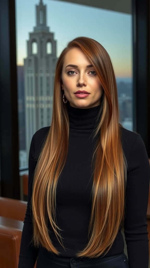 Woman with long straight hair styled with a side sweep, dressed in a black turtleneck, with a city skyline in the background.