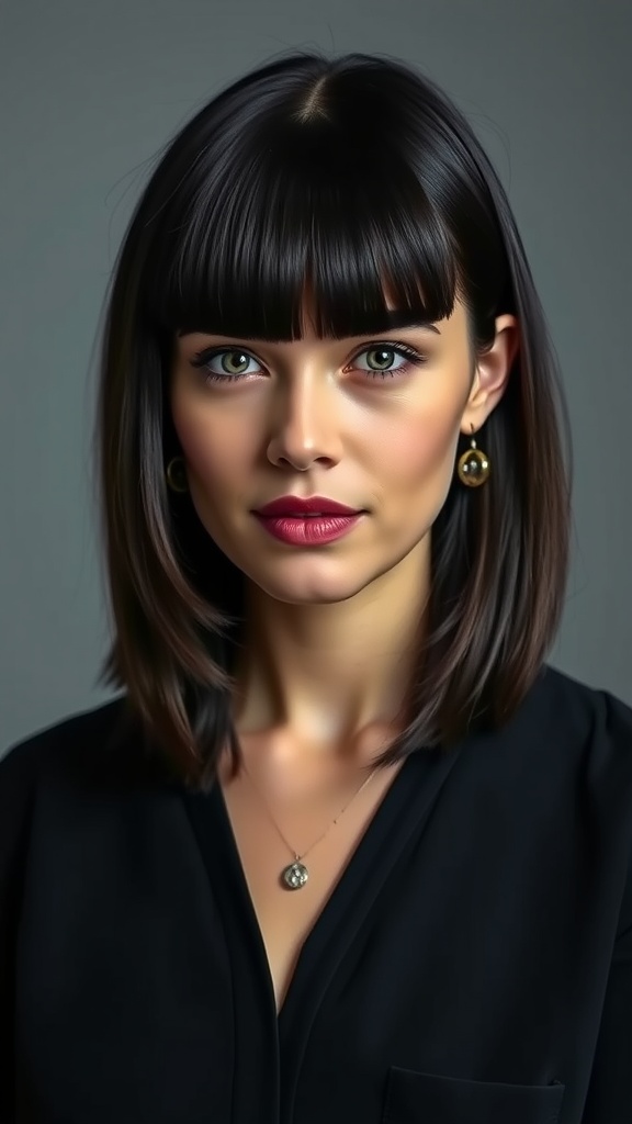 A woman with straight hair styled in layers and blunt bangs, wearing a black outfit and earrings.