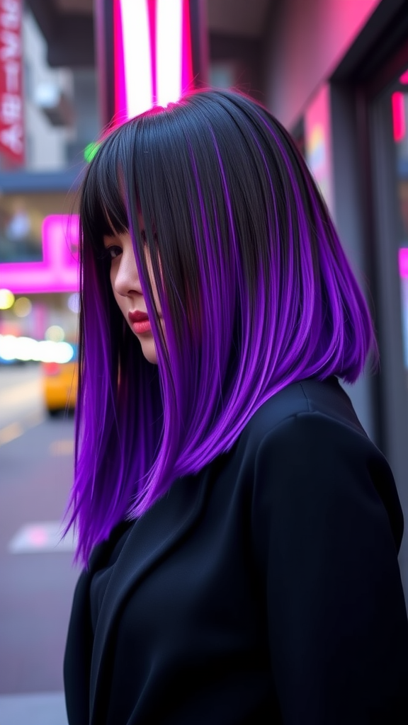 A woman with straight layers and dip-dye ends in vibrant purple, standing in a city setting.
