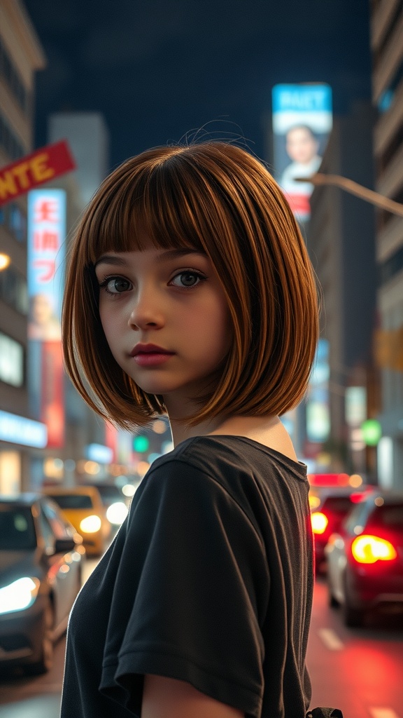 A girl with a straight lob haircut and angular bangs in a city at night.