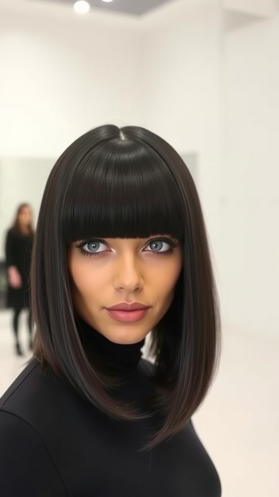 Woman with straight lob hairstyle and blunt bangs