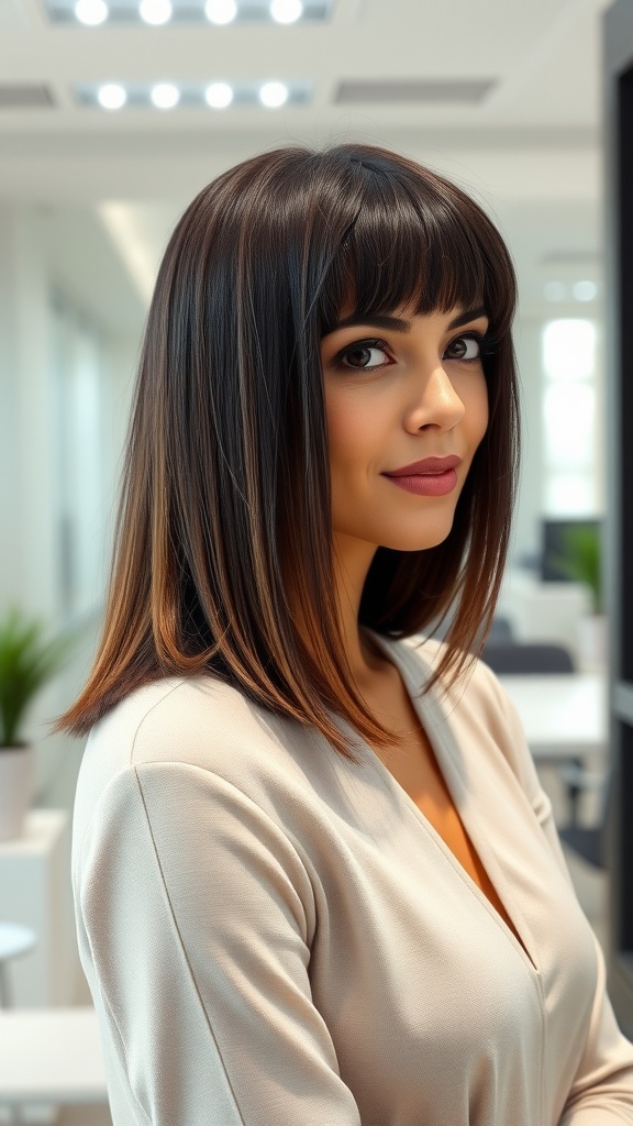 Woman with straight lob haircut and feathered curtain bangs, showcasing a modern and stylish look.