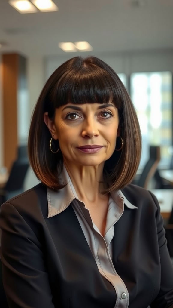 A woman with a straight lob haircut featuring subtle layers, dressed in a professional outfit.