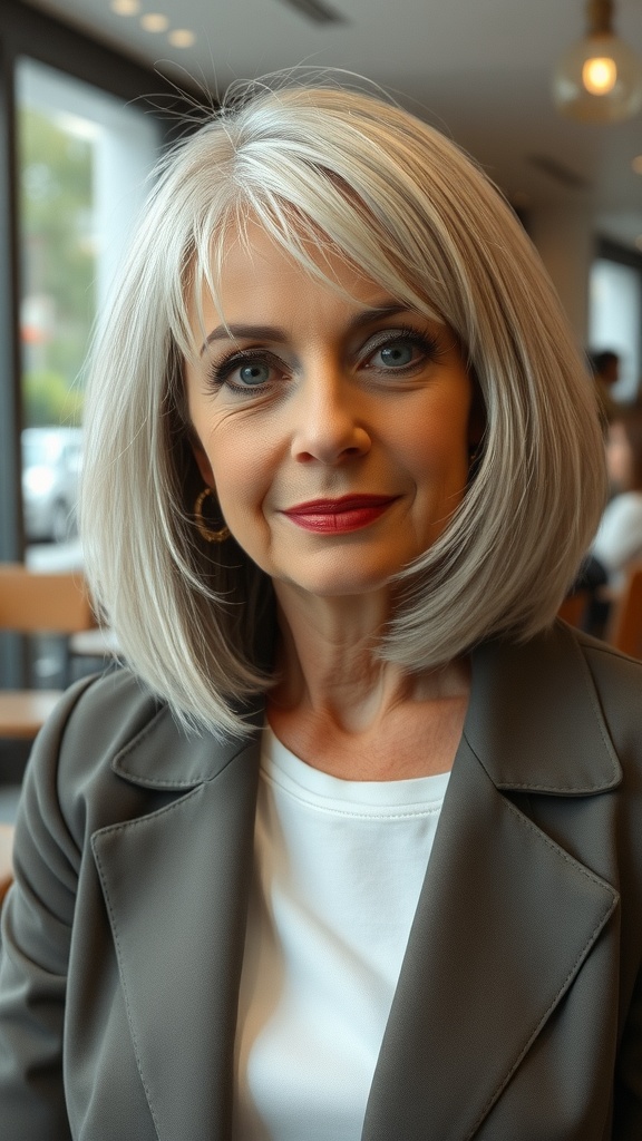 A woman with straight lob haircut and wispy bangs, showcasing a modern look.