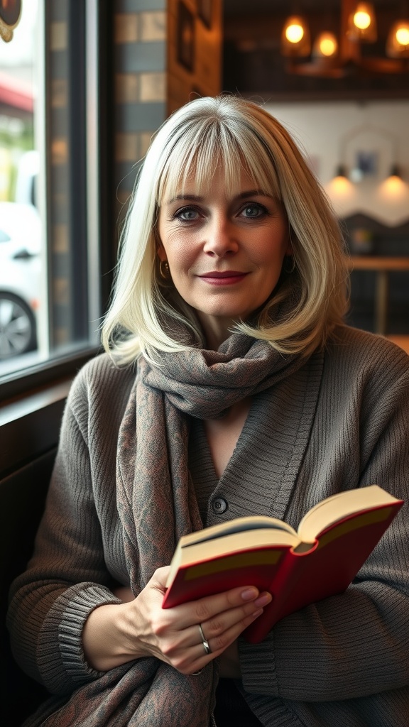 A woman with straight midi-length hair and fringed bangs, sitting indoors, reading a book