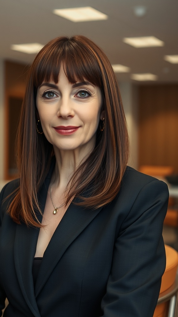 Woman with straight, shoulder-length hair and blunt fringe, wearing a black blazer