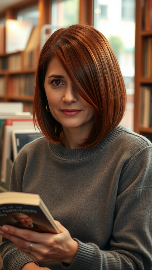 Woman with straight shoulder-length hair and side-swept bangs, reading a book in a cozy setting.