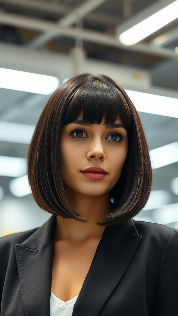A woman with a straight sleek bob haircut and curtain bangs, dressed in a black blazer.