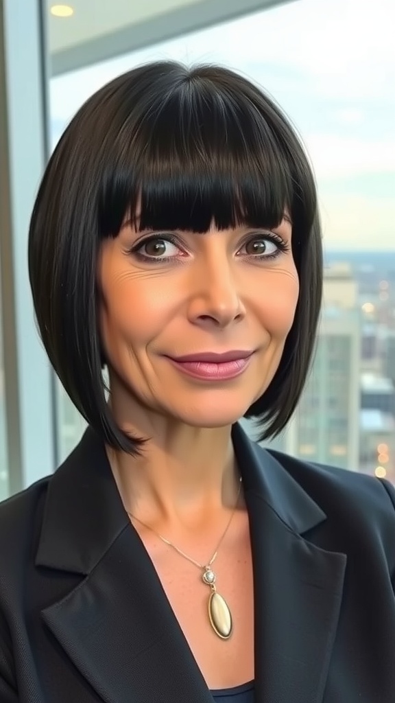 A woman with a straight, sleek bob hairstyle and heavy bangs, wearing a black blazer and a gold pendant necklace.