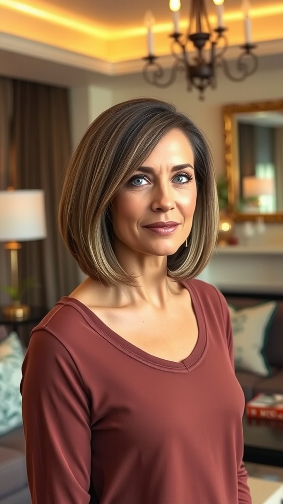 A woman with a subtle asymmetrical bob hairstyle, looking stylish in a warm-toned top, set in a cozy room.