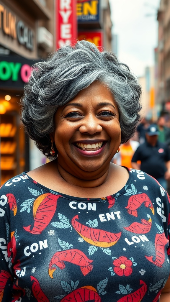 A smiling woman with a stylish tapered haircut, showcasing volume and curls against a bustling street backdrop.