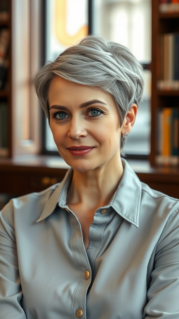 A woman with a silver tapered pixie cut, smiling confidently in a stylish shirt.