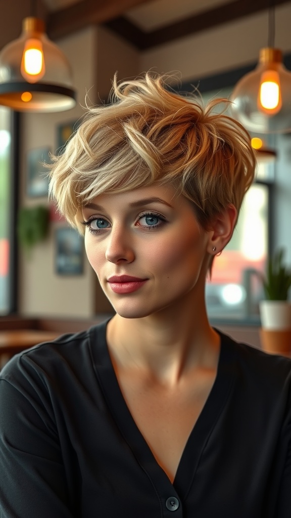 A woman with a tapered pixie cut with a layered crown, showcasing a stylish and modern hairstyle.