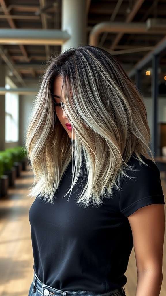 Woman with textured A-line bob haircut and ombre effect, showcasing stylish layers and color transition.