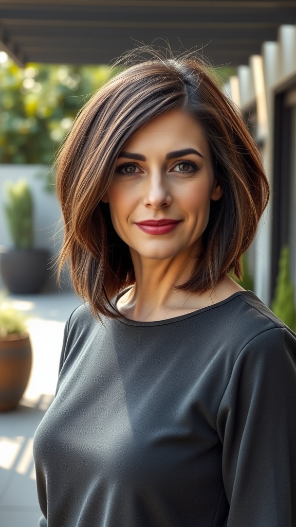 A woman with a textured asymmetrical bob haircut featuring subtle highlights, wearing a black top, set in a relaxed outdoor environment.