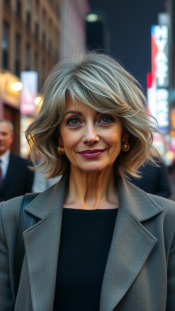 A woman with a textured bob shag hairstyle, wearing a gray coat, smiling confidently in a city setting.