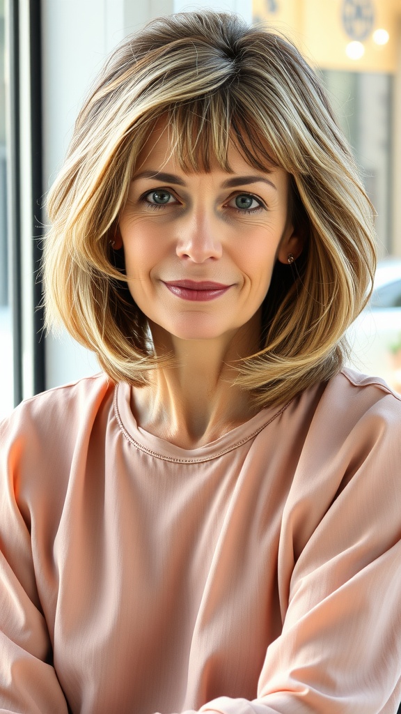 A woman with a textured bob haircut and side-swept bangs, smiling warmly.