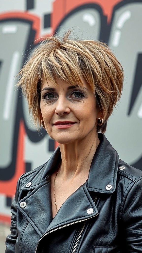 A woman with a textured crop hairstyle, wearing a leather jacket, showcasing a stylish and vibrant look.