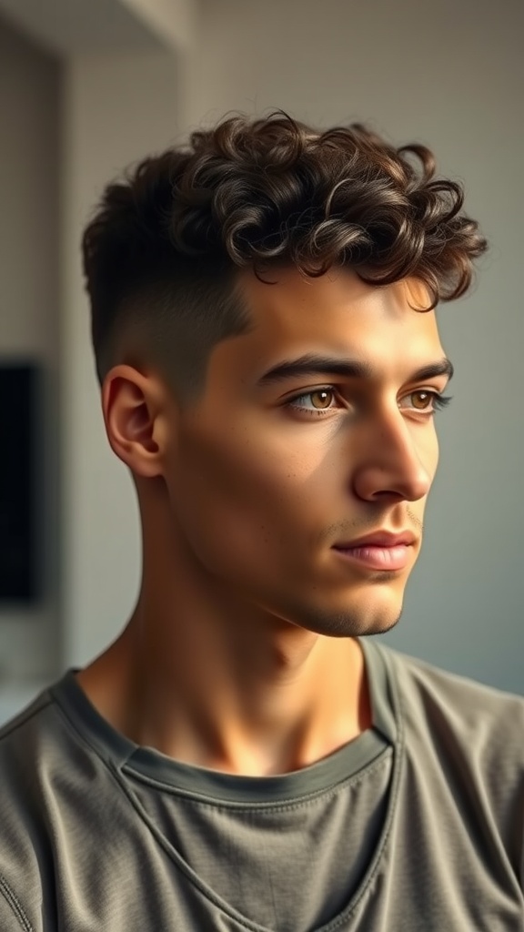 A young man with textured curly hair styled in a short crop, featuring defined curls on top and faded sides.