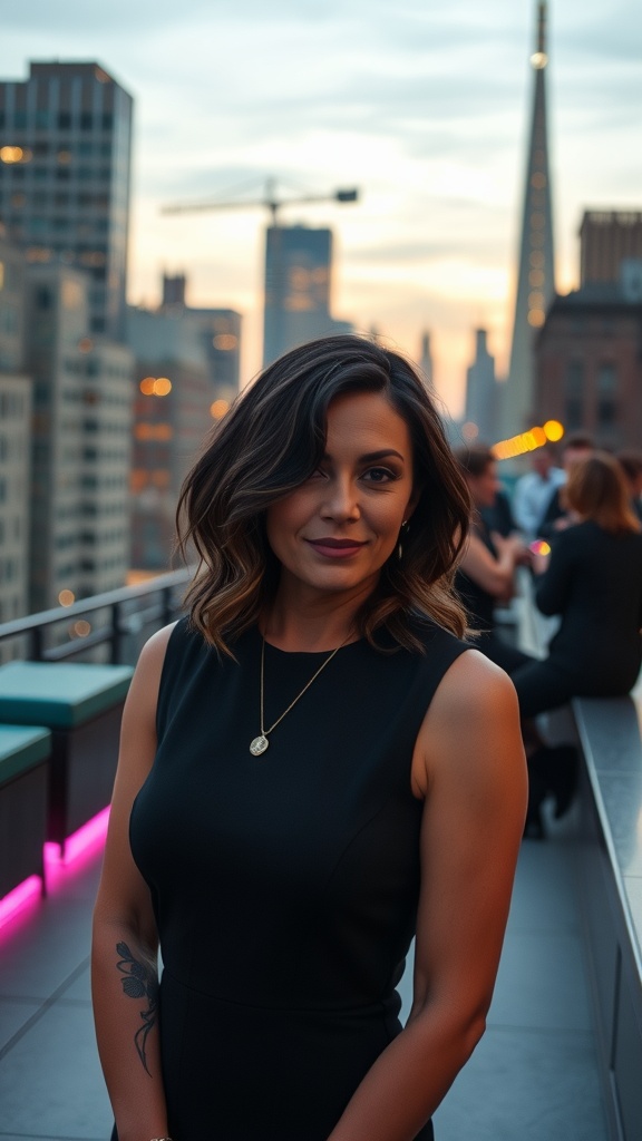 A woman with textured curly shag hairstyle and highlights, standing on a rooftop with a city skyline in the background