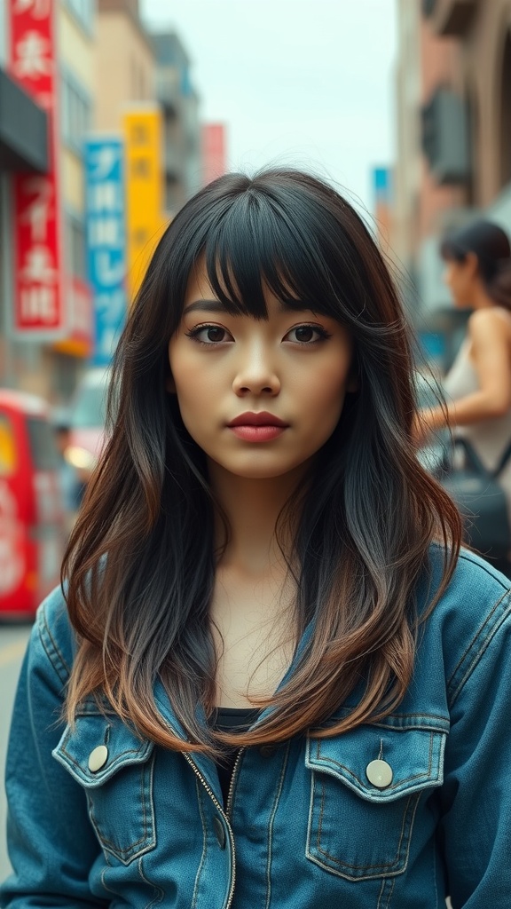 A woman with long, textured layers and curtain bangs, styled in a city background.