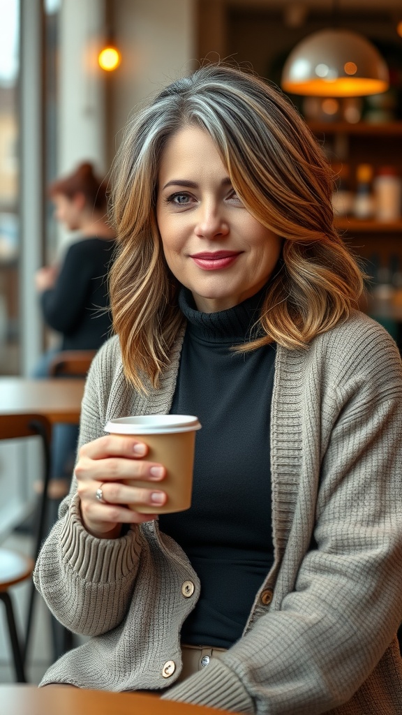 Woman with a textured lob haircut, smiling and holding a coffee cup in a cozy café setting.