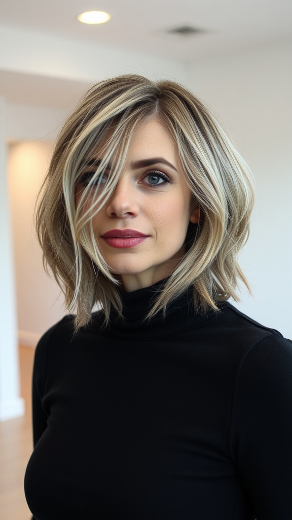 A woman with a textured lob shag hairstyle, featuring soft layers and highlights.