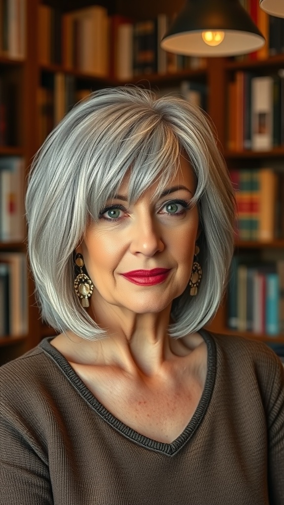 A woman with silver-gray textured lob shag hairstyle and fringe, smiling against a backdrop of bookshelves.
