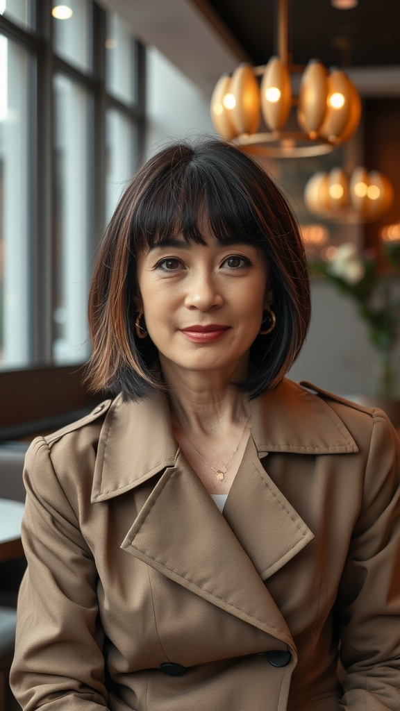 A woman with a textured lob hairstyle and blunt bangs, wearing a trench coat, sitting in a well-lit café setting.