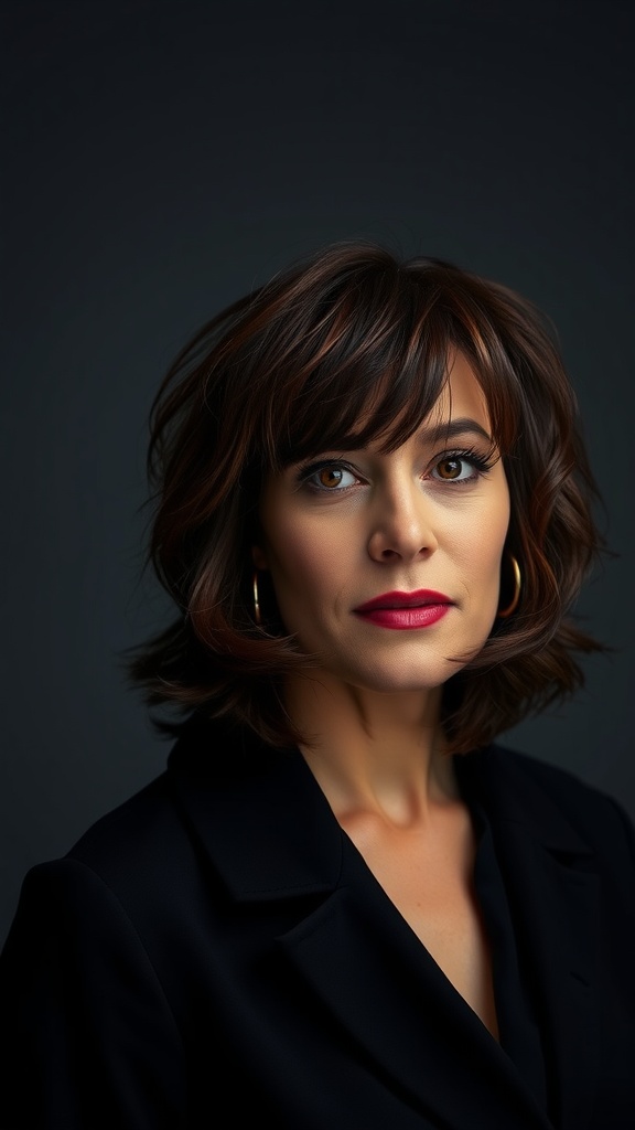 A woman with a textured lob haircut and bold curtain bangs, wearing a black outfit and looking confidently at the camera.