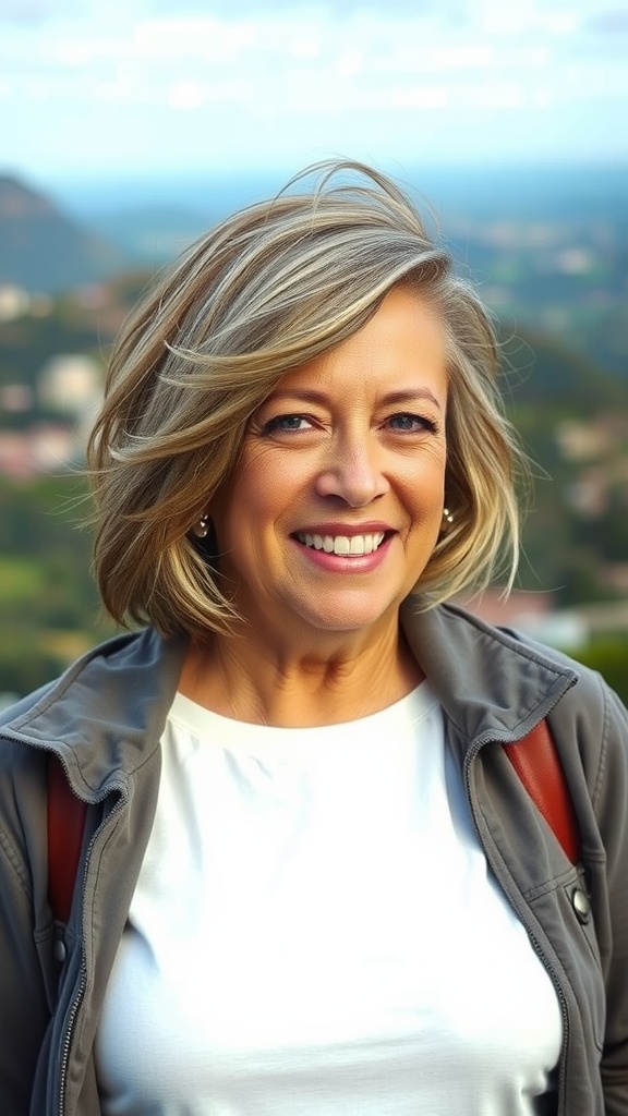 A woman with medium length textured lob haircut and deep side part, smiling outdoors.