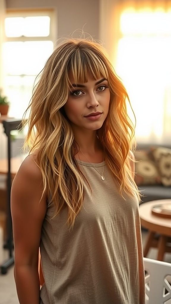 A woman with textured lob hair and feathered curtain bangs, styled casually in a cozy indoor setting.