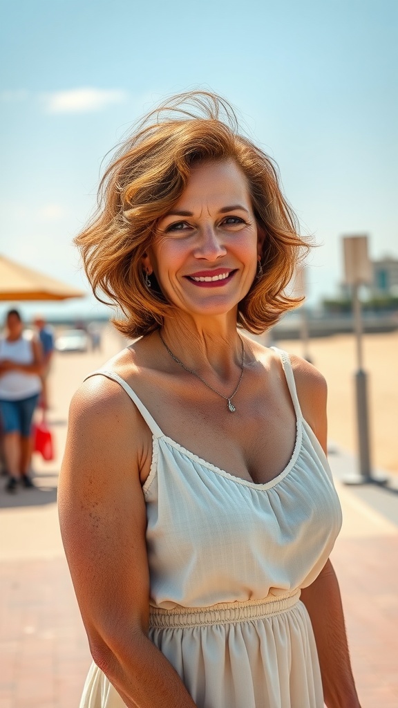 A woman with a textured lob haircut wearing a light dress, smiling at the camera