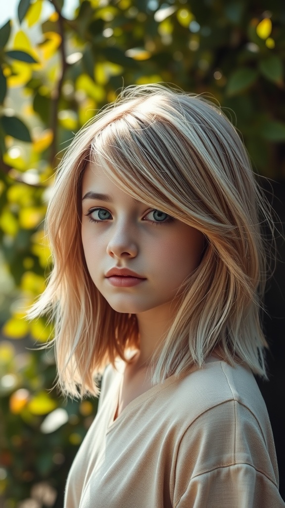 A girl with a textured lob haircut and wispy bangs, standing outdoors with greenery in the background.