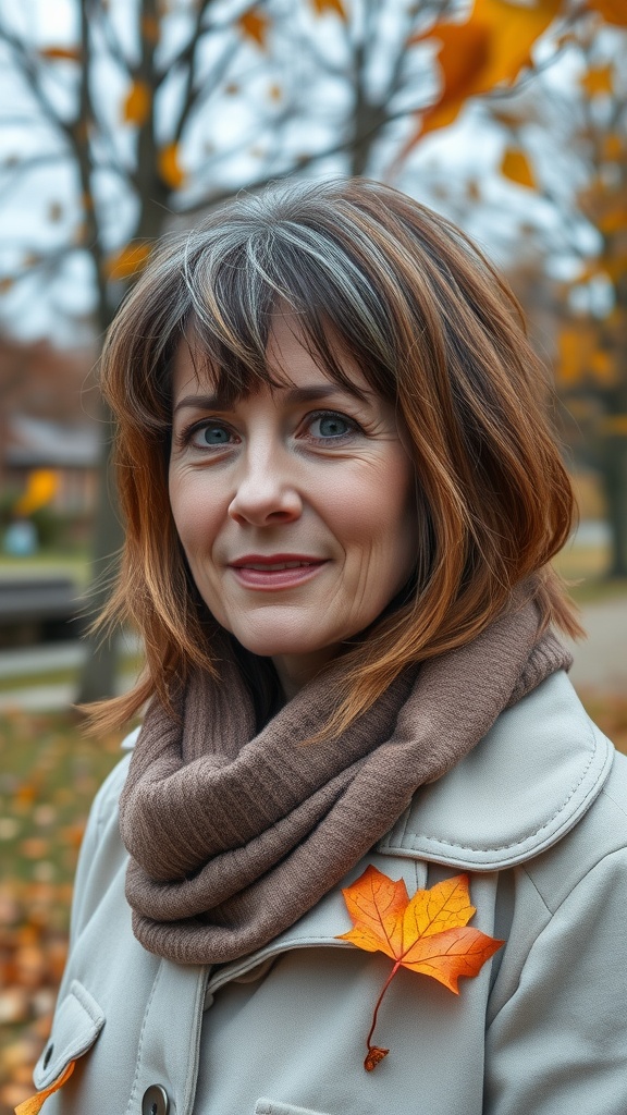 A woman with a textured long bob hairstyle featuring curved bangs, wearing a scarf and a coat, with autumn leaves in the background.