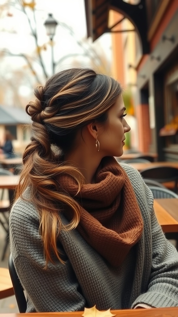 A woman with a textured low ponytail, wearing a scarf, sitting in an outdoor café setting.
