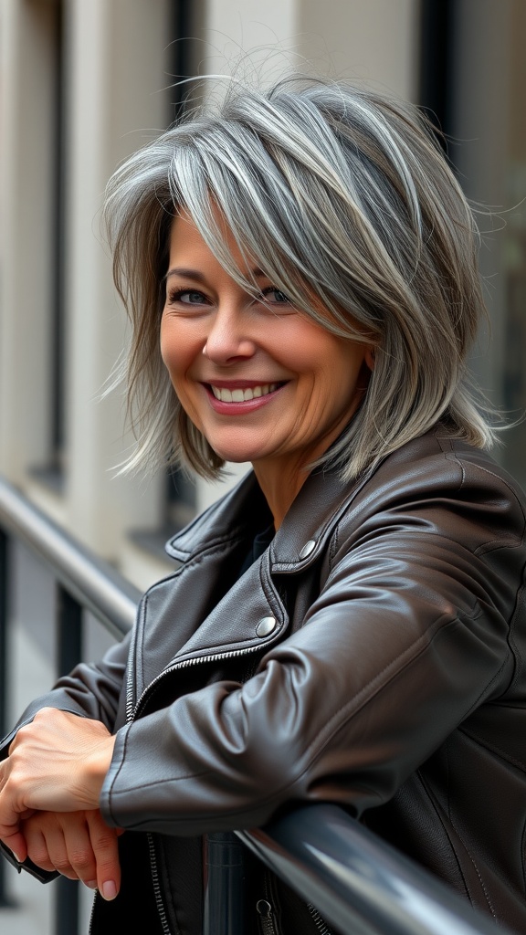 A woman with medium-length textured hair and razored layers, smiling while wearing a leather jacket.