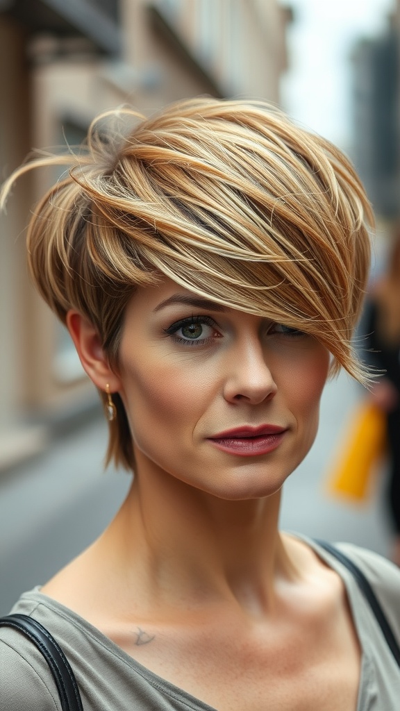 A woman with a textured pixie cut featuring golden highlights, showcasing a modern and stylish look.