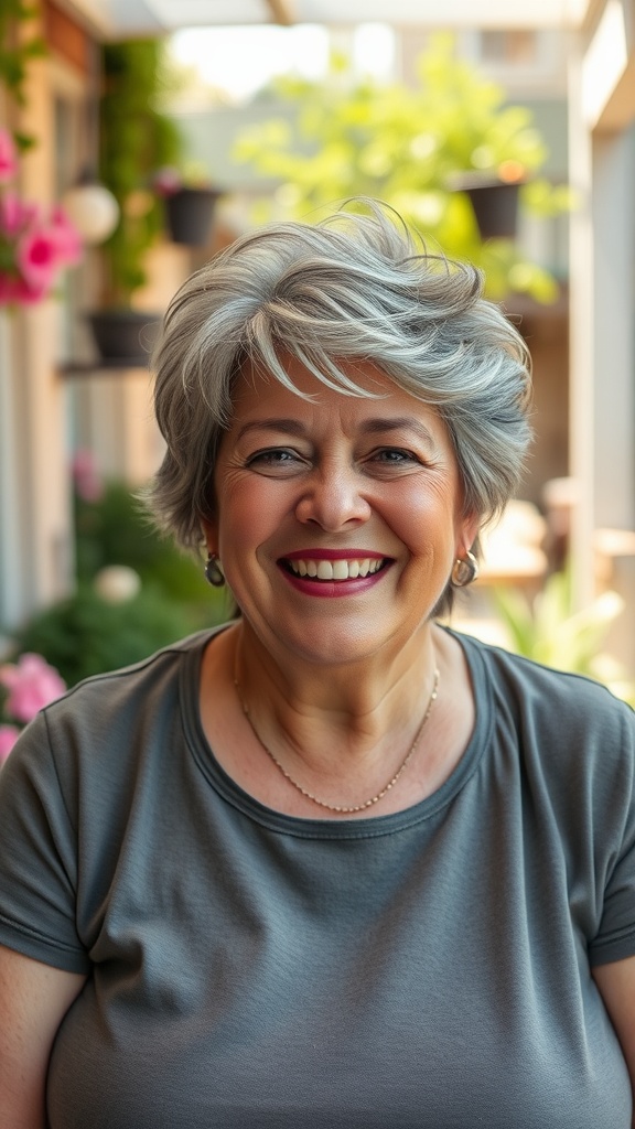 A smiling woman with a textured pixie cut, showcasing her gray hair in a garden setting.