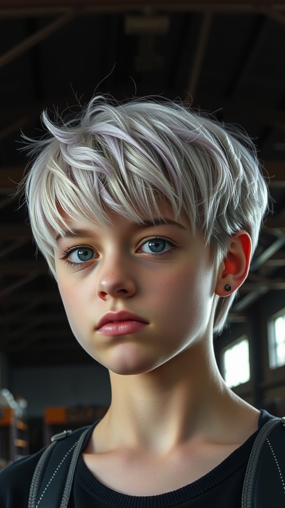 A teen girl with a textured pixie cut and baby bangs.