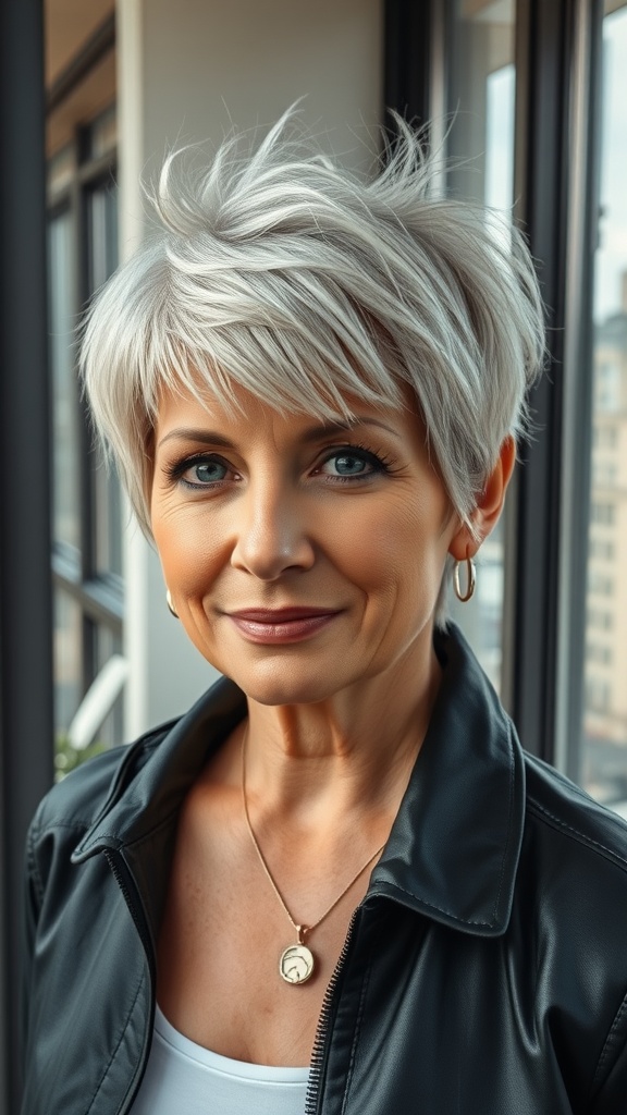 A woman with a textured pixie cut and blunt bangs, wearing a leather jacket and a necklace, smiling in a bright indoor setting.