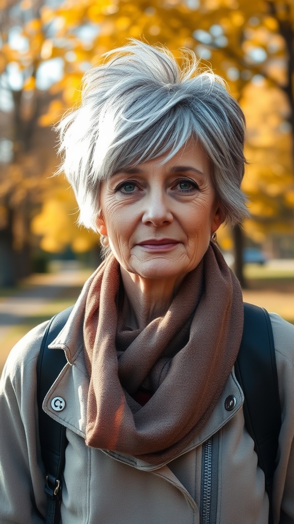 A woman over 50 with a textured pixie cut and feathered bangs, wearing a scarf and a coat, with a backdrop of autumn leaves.