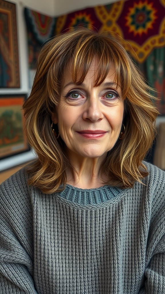 A woman with textured shag hair featuring curtain bangs, smiling warmly.